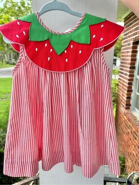 vintage 90s babycrest strawberry dress 24m red white stripe fruit collar cottage